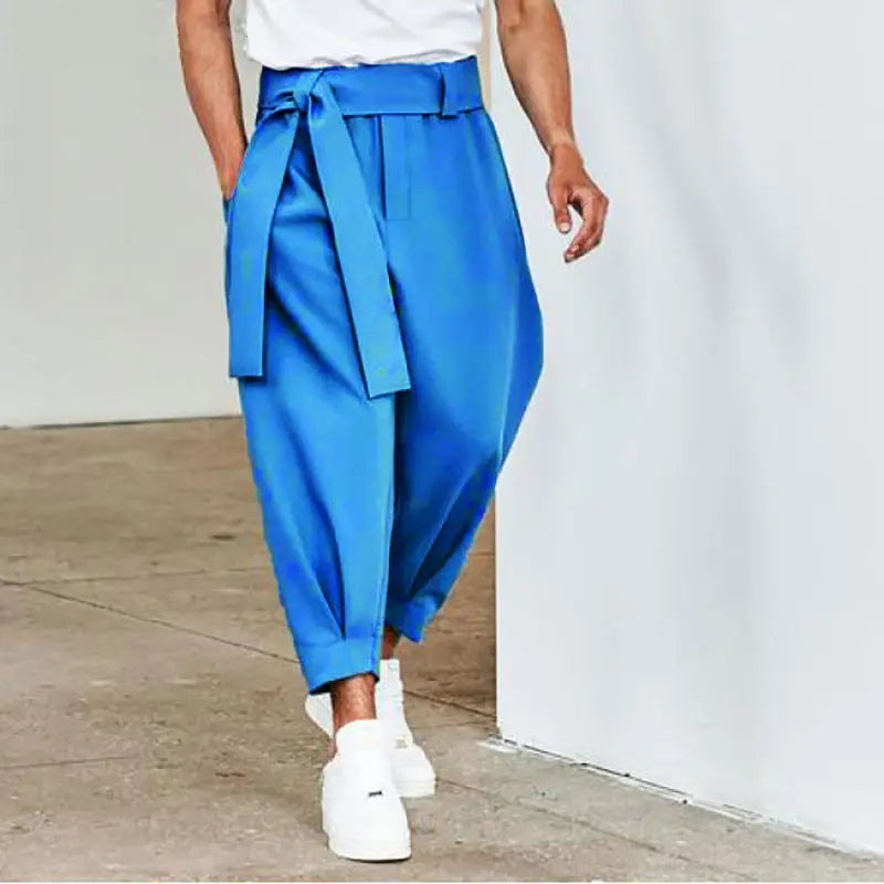 Men's Loose Solid Color Cropped Pants Belt  Pre2brand Blue-3XL