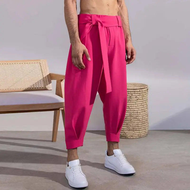 Men's Loose Solid Color Cropped Pants Belt  Pre2brand Pink-3XL