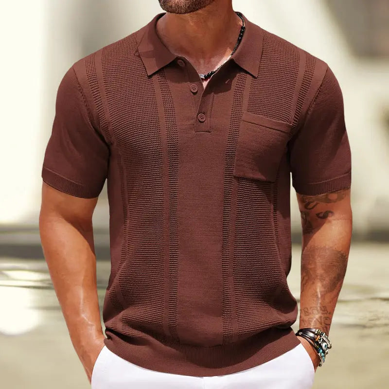 Men's Polo Shirt Summer Solid Color Short Sleeve Sunken Stripe Commuter Style Pullover Sweater  Pre2brand Brown-3XL