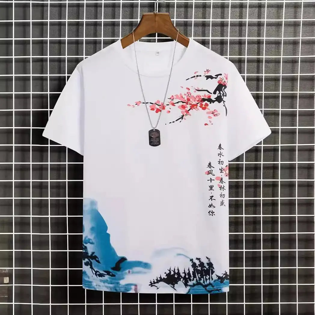Men's Round Neck Cotton Short-sleeved T-shirt Digital Creative Printing  Pre2brand White-S