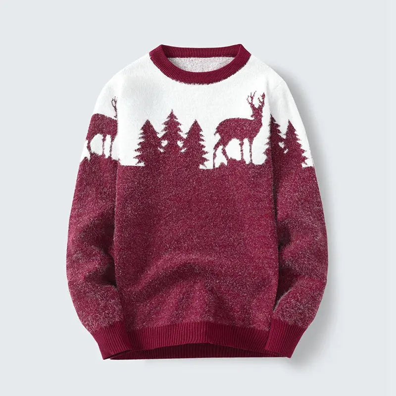 Men's Round Neck Jacquard Pullover Sweater  Pre2brand Wine-Red-3XL