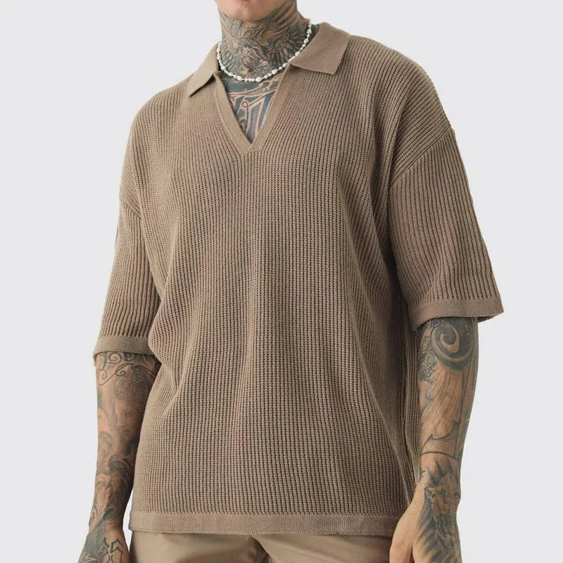 Men's Short-sleeved Shirt Casual Polo Collar Small V-neck Fashion Shirt  Pre2brand Brown-XXXL