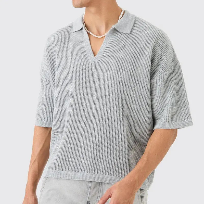 Men's Short-sleeved Shirt Casual Polo Collar Small V-neck Fashion Shirt  Pre2brand Gray-XXXL