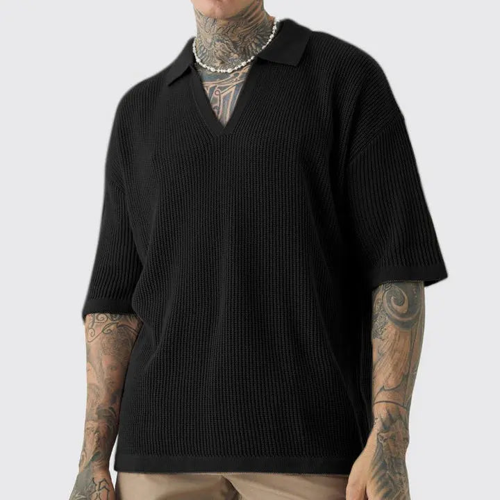 Men's Short-sleeved Shirt Casual Polo Collar Small V-neck Fashion Shirt  Pre2brand Black-XXXL