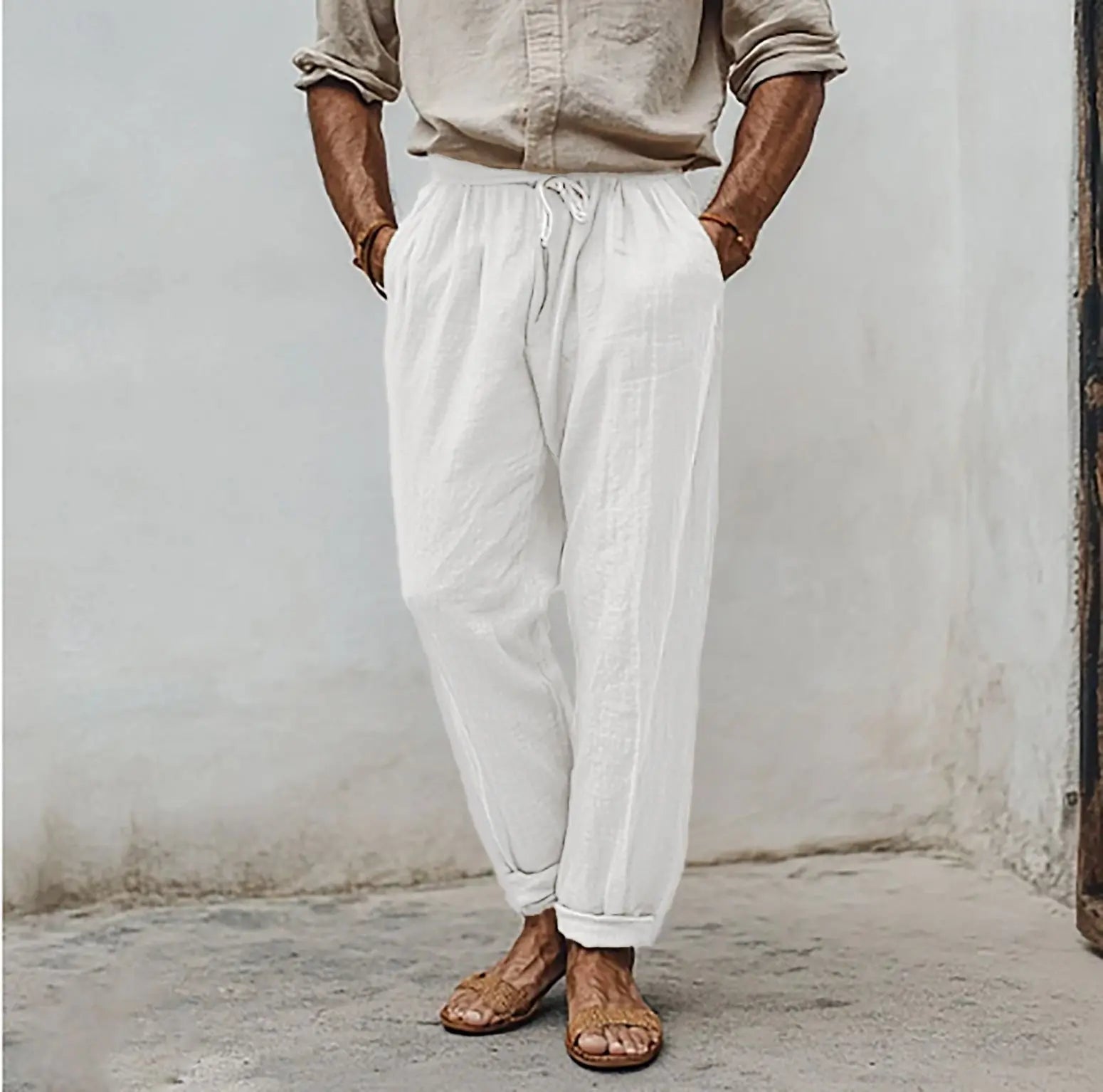 Men's Sports Trousers Drawstring Elastic Waist Straight Solid Color  Pre2brand White-5XL