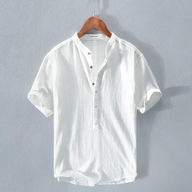 Men's Stand Collar Japanese Ice Silk Linen Short Sleeve T-shirt - Pre2brand
