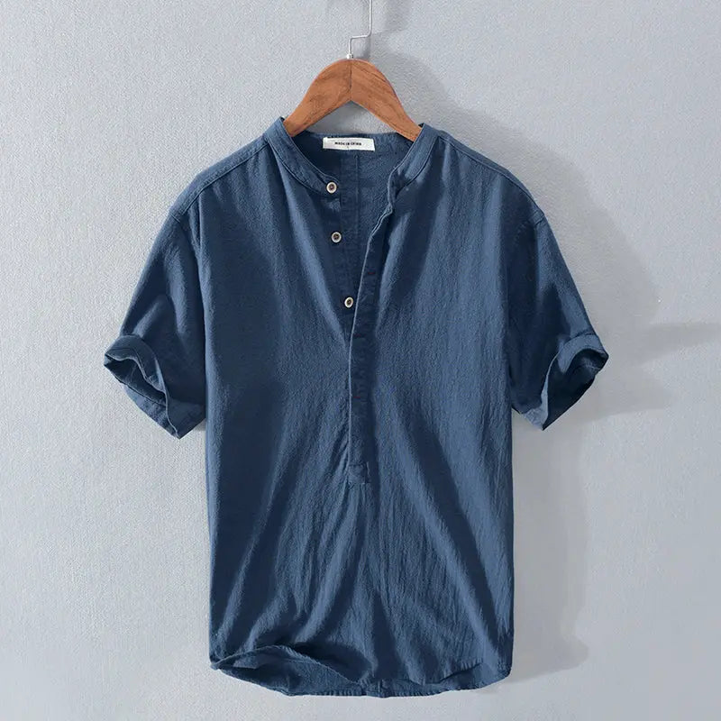 Men's Stand Collar Japanese Ice Silk Linen Short Sleeve T-shirt - Pre2brand