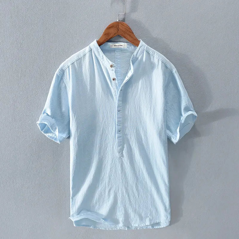 Men's Stand Collar Japanese Ice Silk Linen Short Sleeve T-shirt - Pre2brand