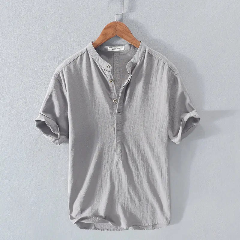 Men's Stand Collar Japanese Ice Silk Linen Short Sleeve T-shirt - Pre2brand