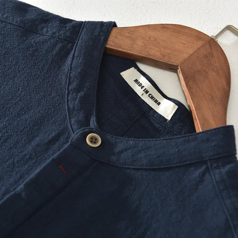 Men's Stand Collar Japanese Ice Silk Linen Short Sleeve T-shirt - Pre2brand