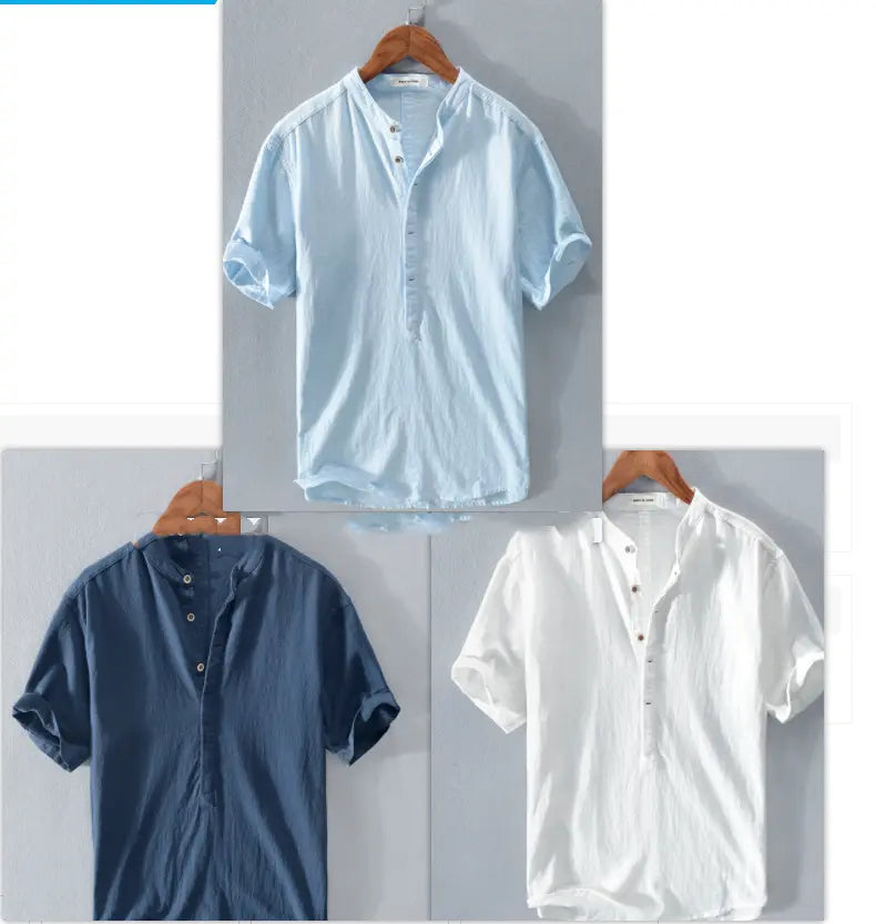 Men's Stand Collar Japanese Ice Silk Linen Short Sleeve T-shirt - Pre2brand