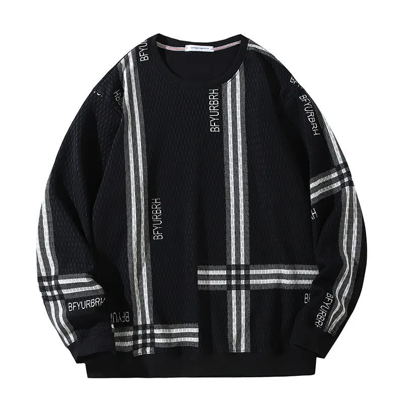 Men's Striped Round Neck Sweater Fleece-lined Thickened  Pre2brand Black-12XL