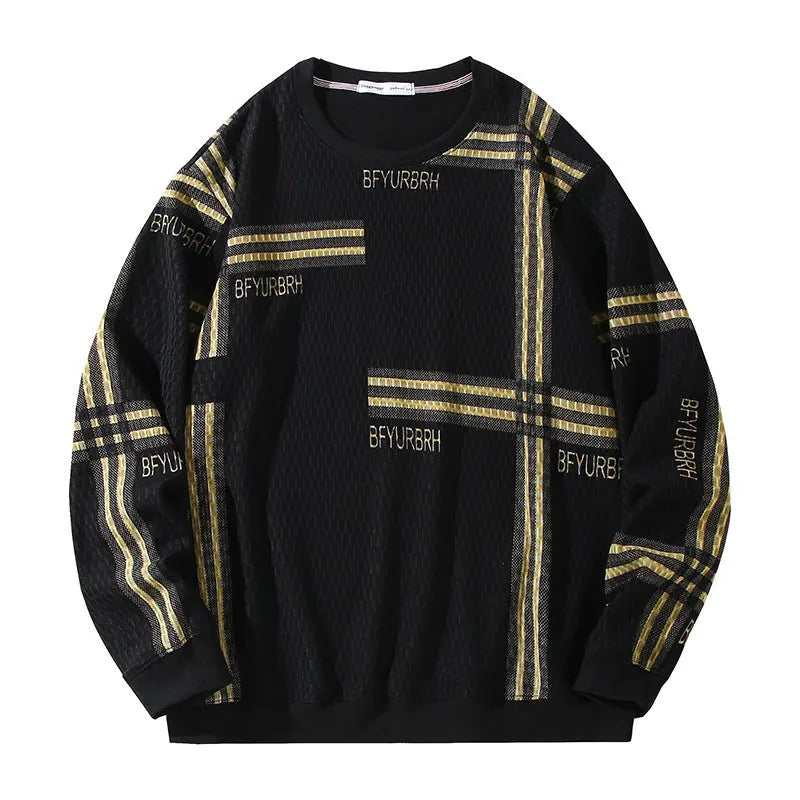 Men's Striped Round Neck Sweater Fleece-lined Thickened  Pre2brand Coffee-Color-12XL