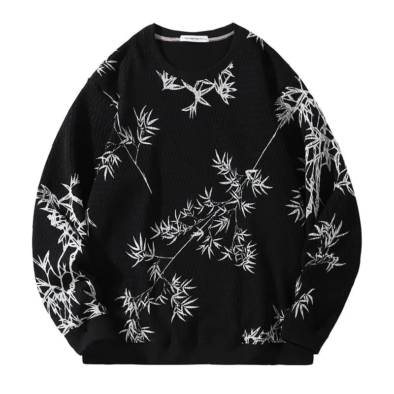 Men's Striped Round Neck Sweater Fleece-lined Thickened  Pre2brand Bamboo-Leaves-12XL