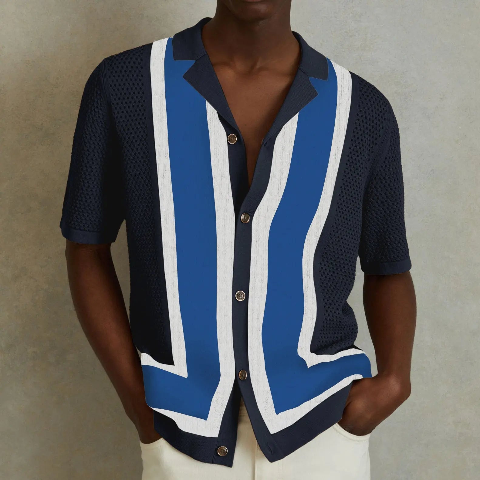 Men's Summer New Striped Contrast Color Knitwear Top  Pre2brand Navy-Blue-3XL
