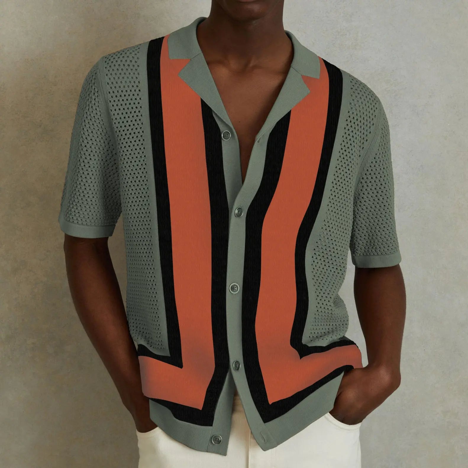 Men's Summer New Striped Contrast Color Knitwear Top  Pre2brand Army-Green-3XL