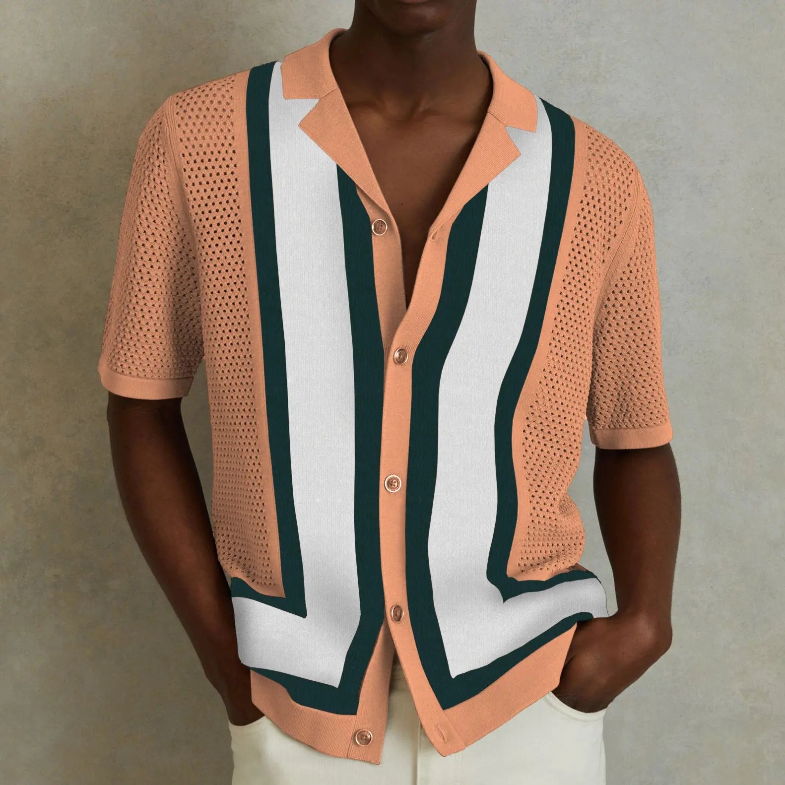Men's Summer New Striped Contrast Color Knitwear Top  Pre2brand Orange-3XL