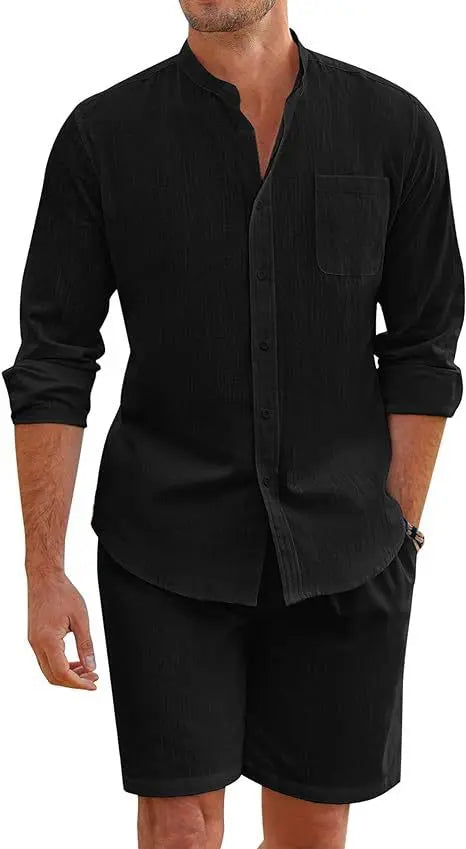 Men's Summer Two-piece Polyester Button Shirt Long Sleeve Shorts  Pre2brand