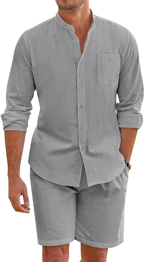 Men's Summer Two-piece Polyester Button Shirt Long Sleeve Shorts  Pre2brand
