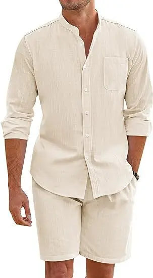 Men's Summer Two-piece Polyester Button Shirt Long Sleeve Shorts  Pre2brand