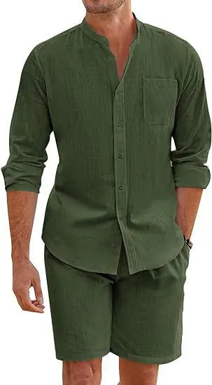 Men's Summer Two-piece Polyester Button Shirt Long Sleeve Shorts  Pre2brand