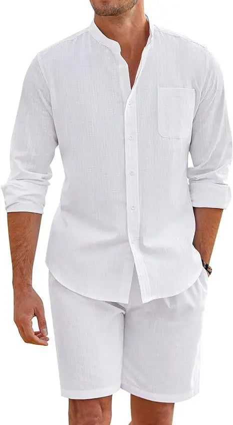 Men's Summer Two-piece Polyester Button Shirt Long Sleeve Shorts  Pre2brand