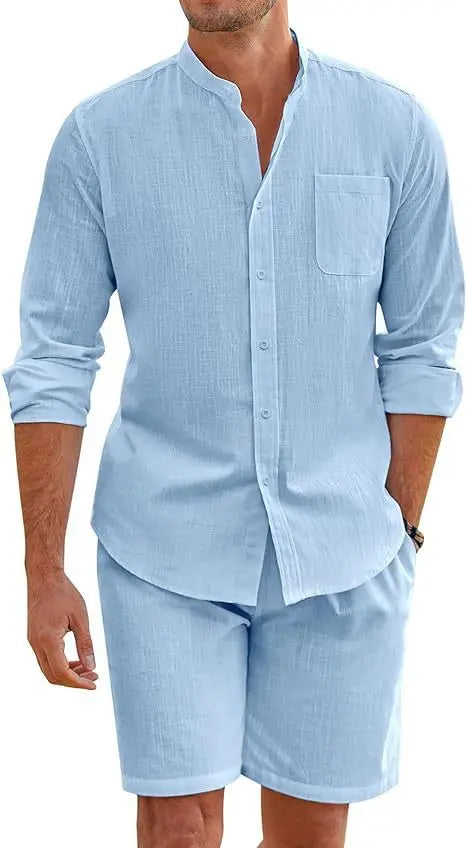 Men's Summer Two-piece Polyester Button Shirt Long Sleeve Shorts  Pre2brand