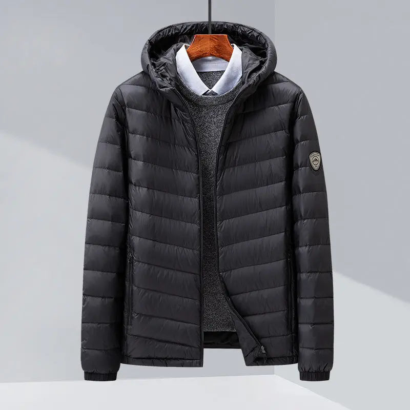 Men's Thin Hood Down Jacket Trendy Korean Slim Fit White Duck Down  Pre2brand Black-195-4XL