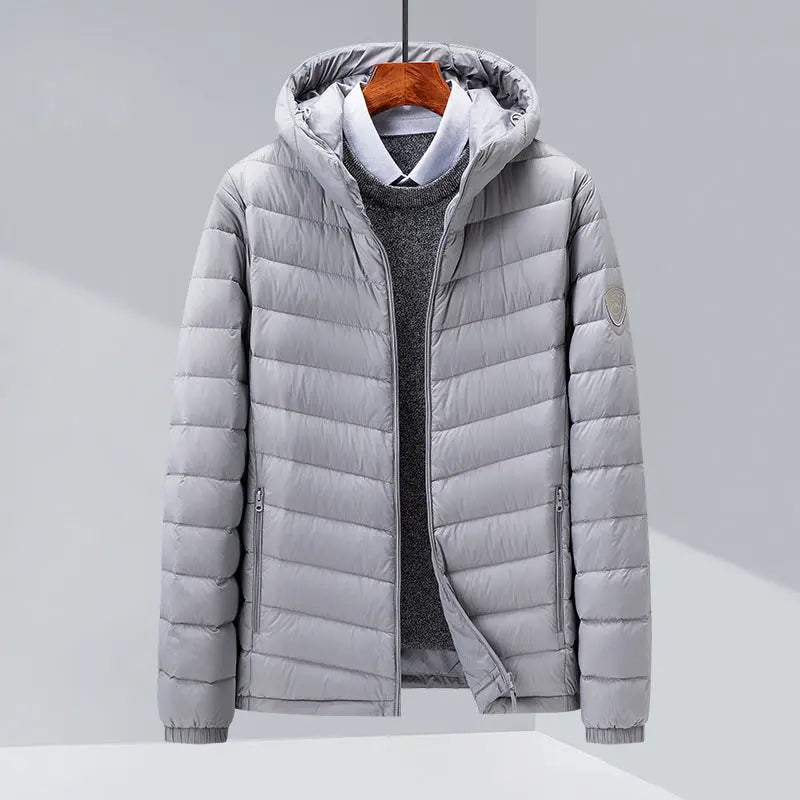 Men's Thin Hood Down Jacket Trendy Korean Slim Fit White Duck Down  Pre2brand Gray-195-4XL