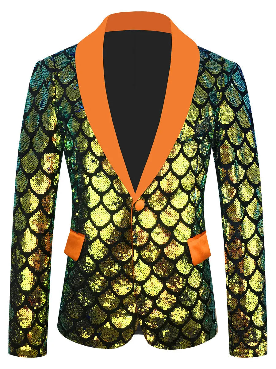Men's Velvet Colorful Turning Piece Scale Sequined Costume  Pre2brand Golden-Blue-5XL