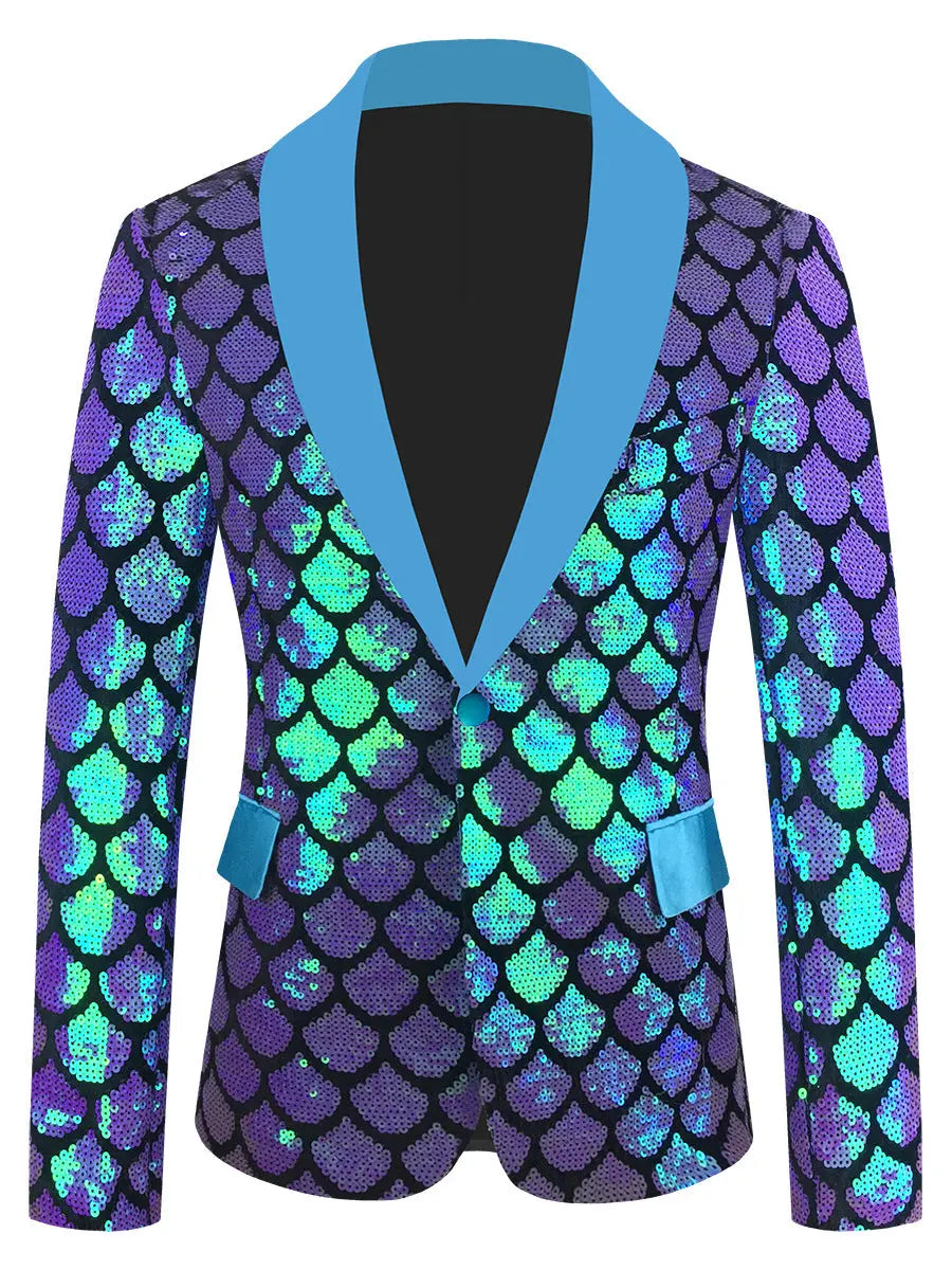 Men's Velvet Colorful Turning Piece Scale Sequined Costume  Pre2brand Purplish-Blue-5XL