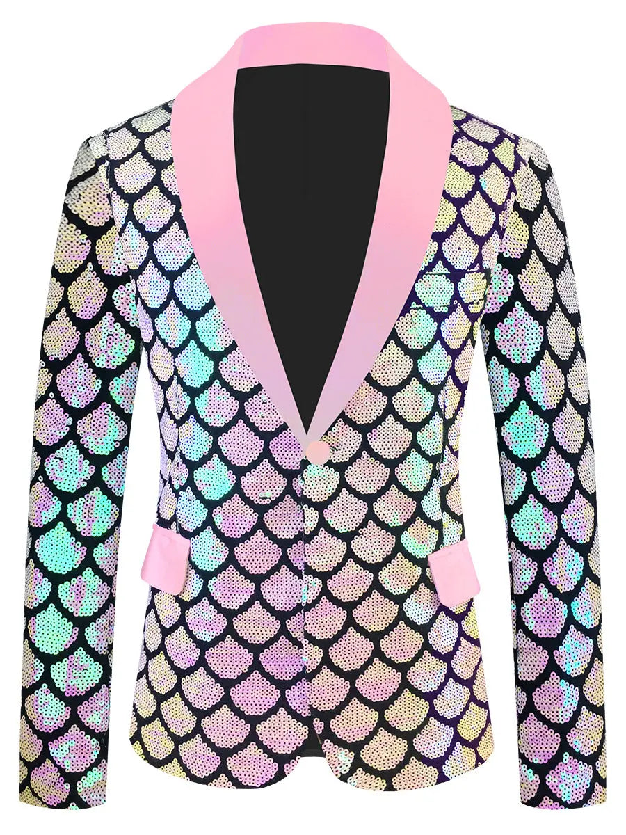 Men's Velvet Colorful Turning Piece Scale Sequined Costume  Pre2brand Baby-Pink-5XL