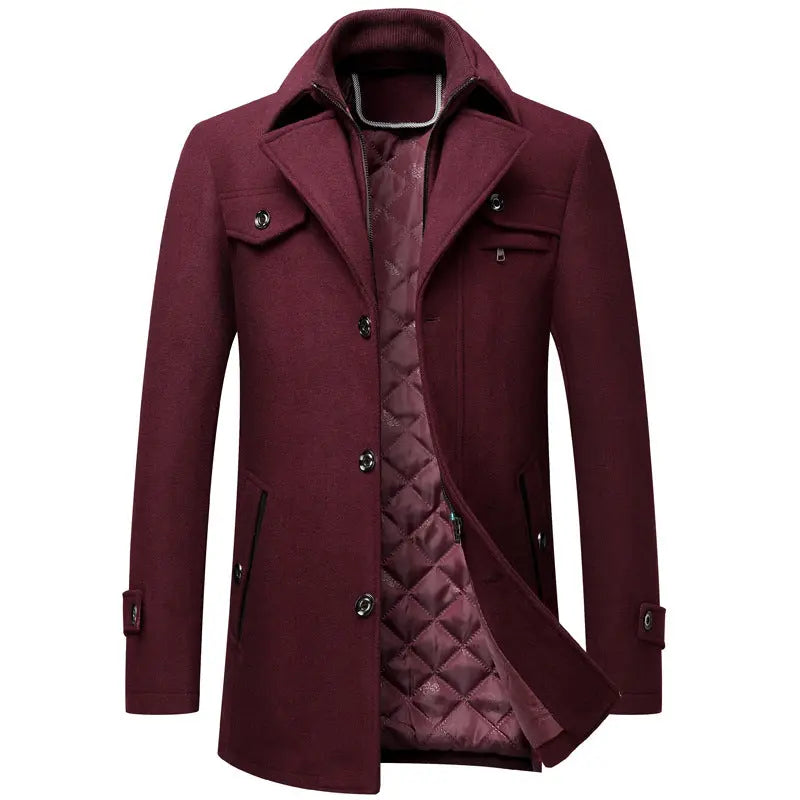 Men's Wool Woolen Thickened Overcoat Jacket  Pre2brand Wine-Red-S