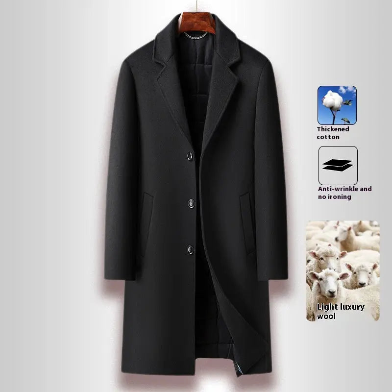 Men's Woolen Coat Business Casual Long  Pre2brand Black-Cotton-195-4XL