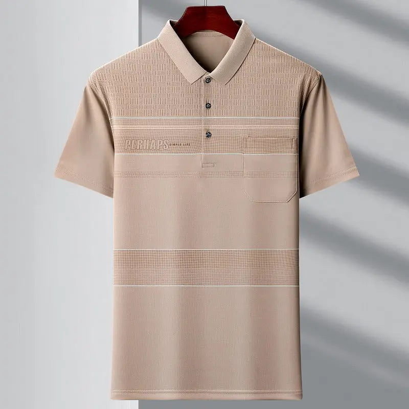 Men's Youth Polo Collar Stripes Real Pocket T-shirt Polo Shirt  Pre2brand 1721-Khaki-4XL