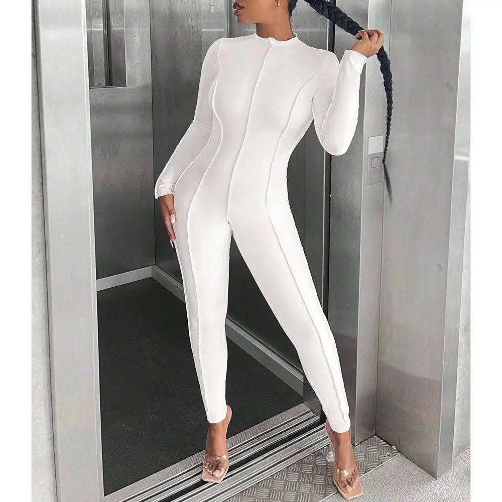 Mia Muse Women's Jumpsuits Autumn Winter Simple Plain Line Design Long Sleeve Crew Neck Ankle Fashion Jumpsuits  Pre2brand XS-White