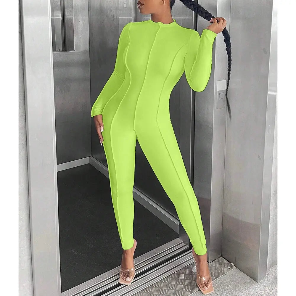 Mia Muse Women's Jumpsuits Autumn Winter Simple Plain Line Design Long Sleeve Crew Neck Ankle Fashion Jumpsuits  Pre2brand XS-Green