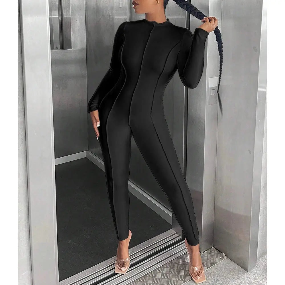 Mia Muse Women's Jumpsuits Autumn Winter Simple Plain Line Design Long Sleeve Crew Neck Ankle Fashion Jumpsuits  Pre2brand XS-Black