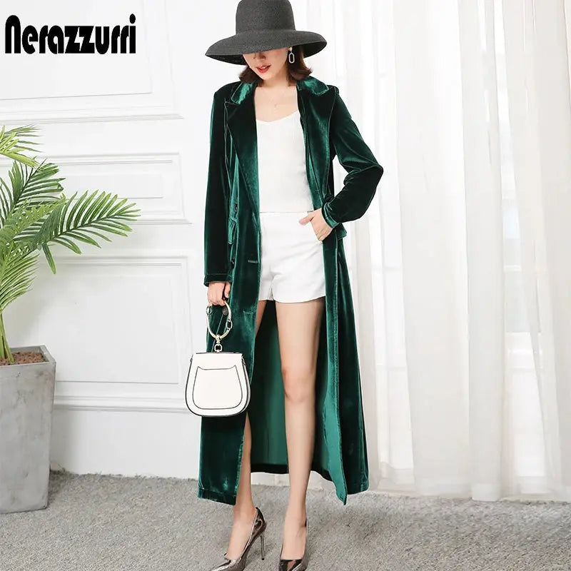 Nerazzurri High Quality Long Green Black Soft Velvet Trench Coat for Women Fall 2022 Peaked Lapel Long british style Overcoat  Pre2brand