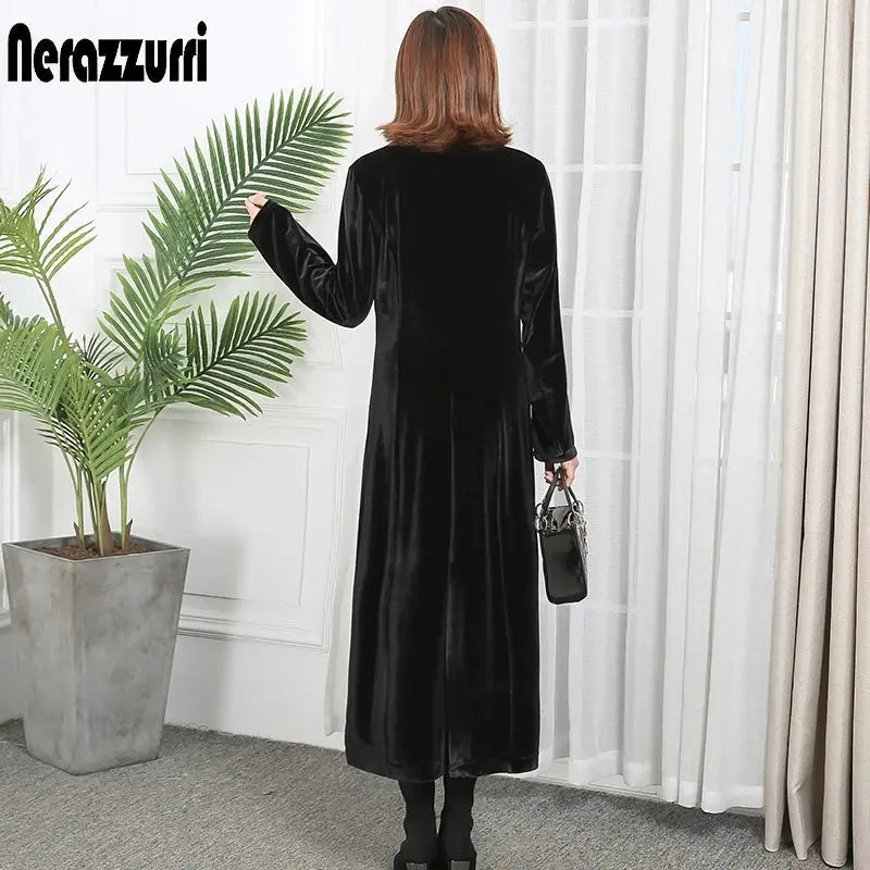 Nerazzurri High Quality Long Green Black Soft Velvet Trench Coat for Women Fall 2022 Peaked Lapel Long british style Overcoat  Pre2brand