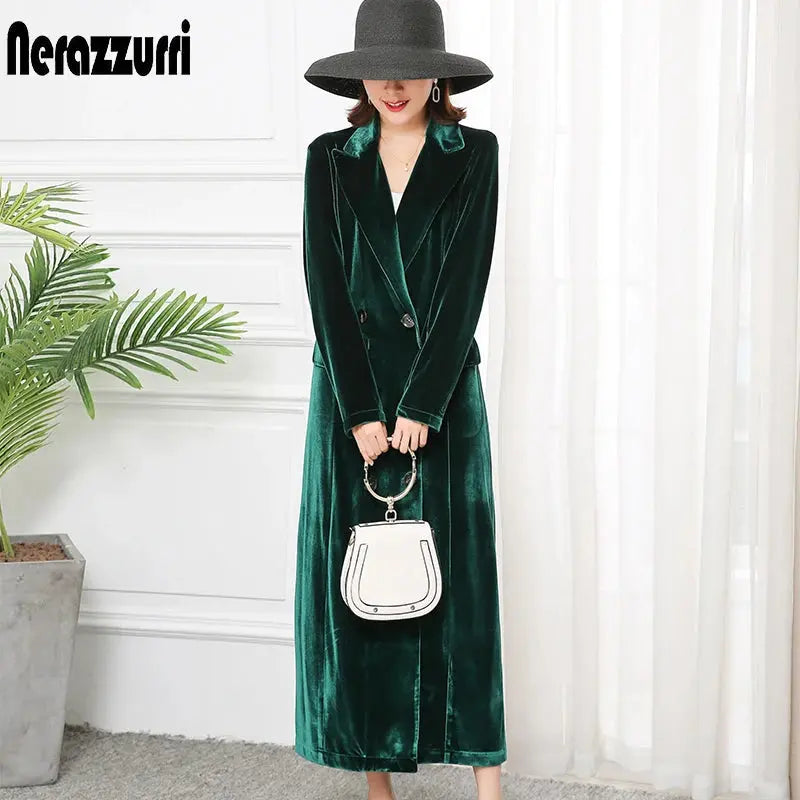 Nerazzurri High Quality Long Green Black Soft Velvet Trench Coat for Women Fall 2022 Peaked Lapel Long british style Overcoat  Pre2brand