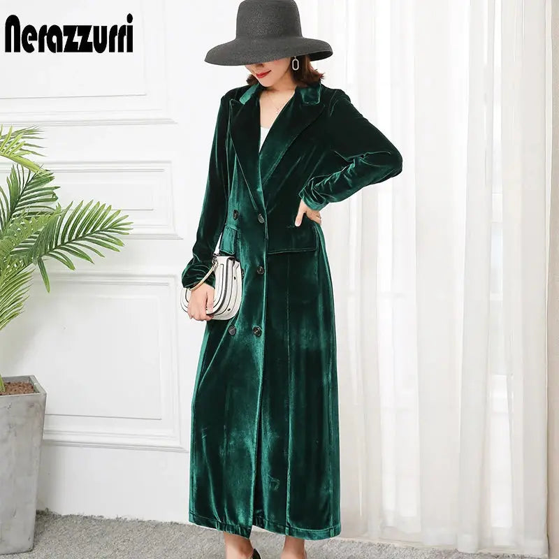 Nerazzurri High Quality Long Green Black Soft Velvet Trench Coat for Women Fall 2022 Peaked Lapel Long british style Overcoat  Pre2brand