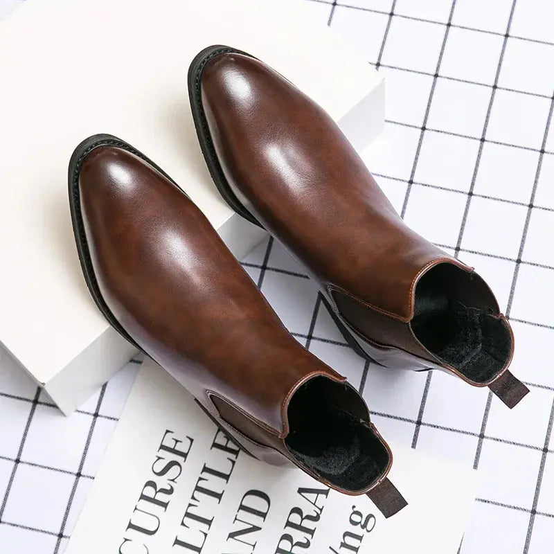 New Chelsea Boots Men Shoes PU Brown Fashion Versatile Business Casual British Style Street Party Wear Classic Ankle Boots - Pre2brand