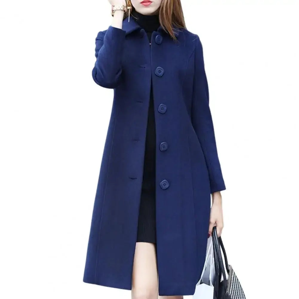 New Fashion British Solid Button Wool Coat Women Long Sleeve Jackets Woman Elegant Pocket Slim Outfit Mujer  Pre2brand 2XL-Royal-Blue