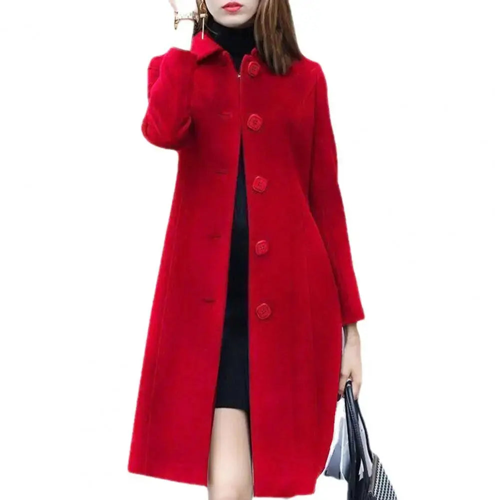 New Fashion British Solid Button Wool Coat Women Long Sleeve Jackets Woman Elegant Pocket Slim Outfit Mujer  Pre2brand 2XL-Wine-Red