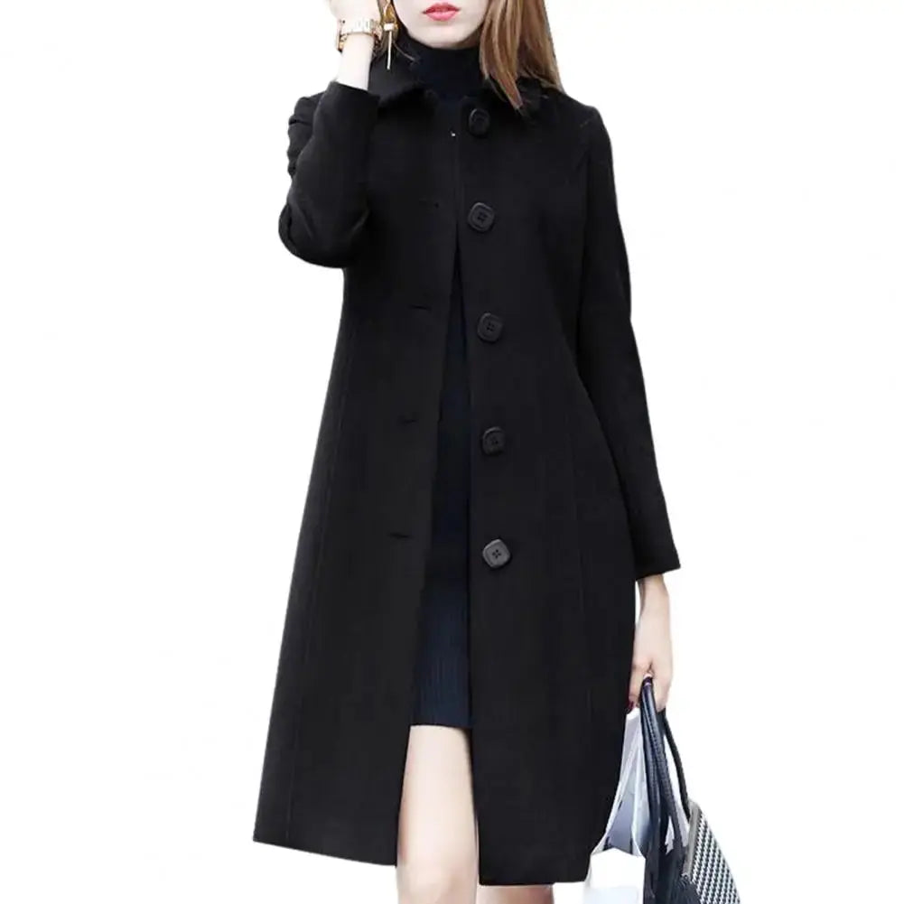 New Fashion British Solid Button Wool Coat Women Long Sleeve Jackets Woman Elegant Pocket Slim Outfit Mujer  Pre2brand 2XL-Black