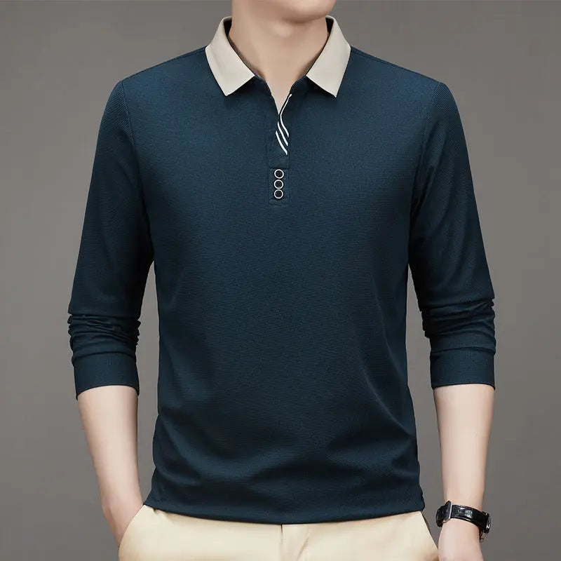 New Men's Autumn Business Fit Solid Color Polo Collar Bottoming Shirt  Pre2brand Dark-Green-4XL