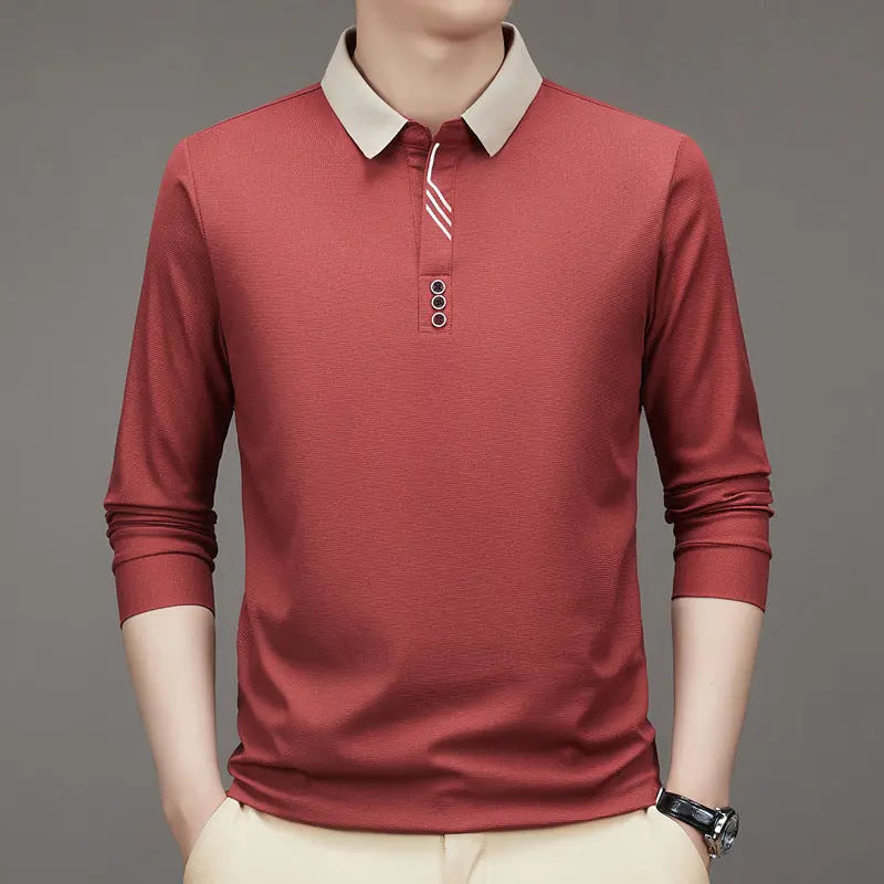 New Men's Autumn Business Fit Solid Color Polo Collar Bottoming Shirt  Pre2brand Red-4XL