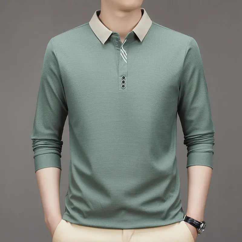 New Men's Autumn Business Fit Solid Color Polo Collar Bottoming Shirt  Pre2brand Bean-Green-4XL