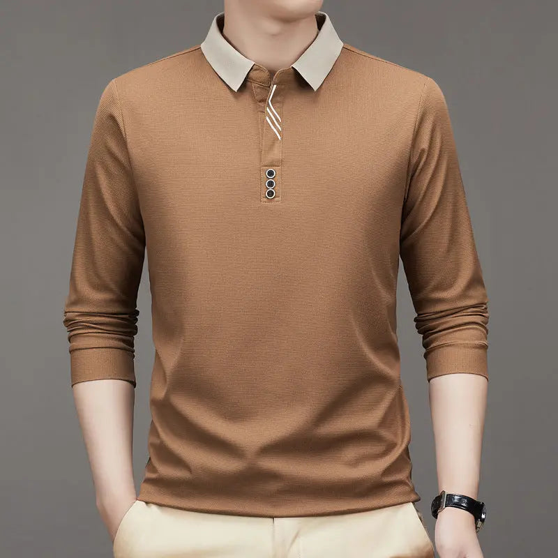 New Men's Autumn Business Fit Solid Color Polo Collar Bottoming Shirt  Pre2brand Brown-4XL